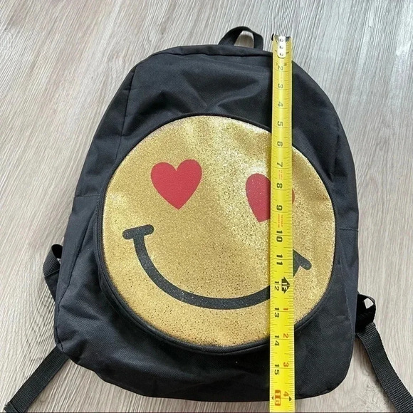 BACKPACK SMILEY  FACE BLACK GOLD LOVE IT - Picture 11 of 12